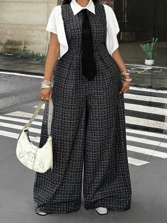 Pants - Black And White Elegant Women's Wide Leg Jumpsuit & Puff Sleeve Blouse Set